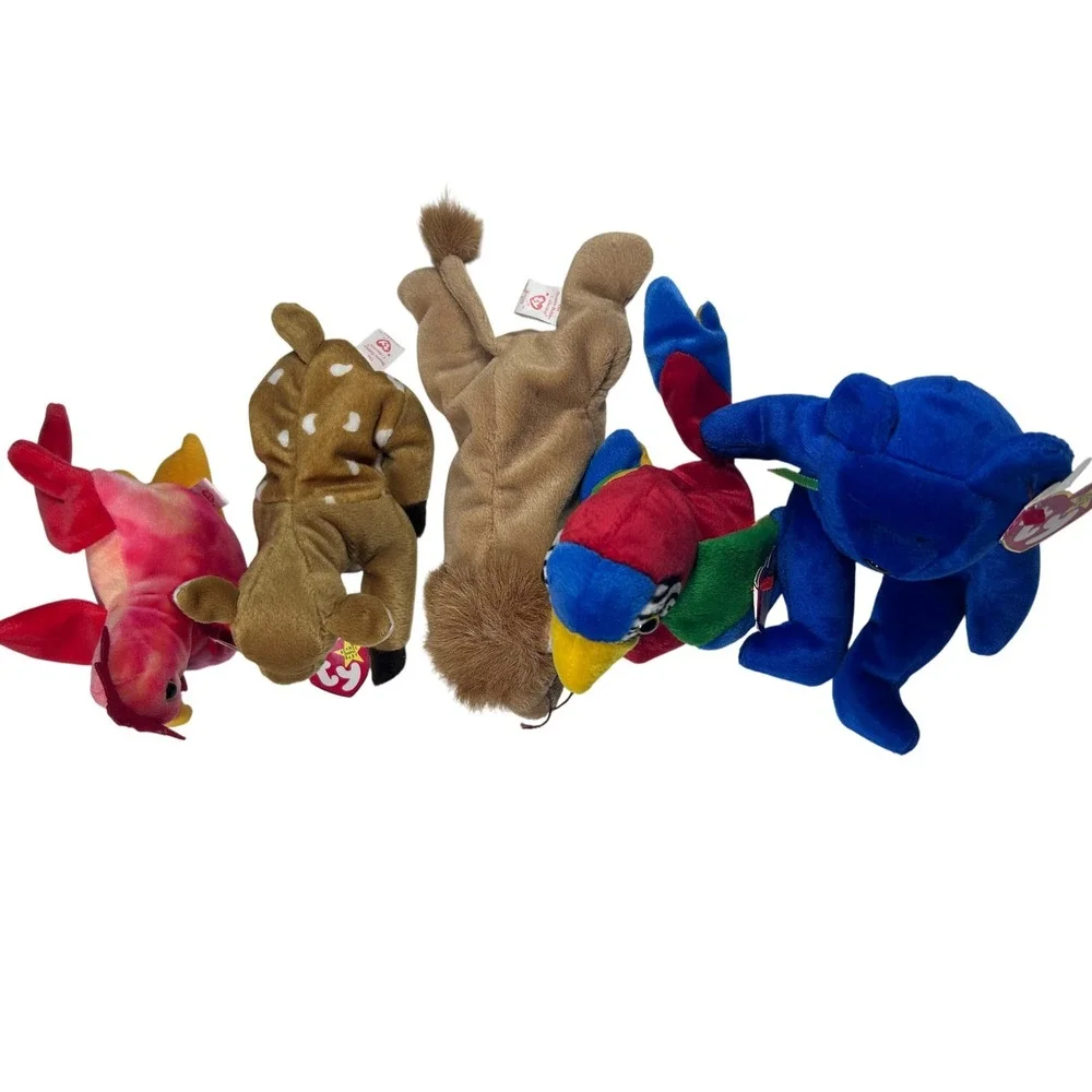 Ty Beanie‎ Babies Lot 5 Plush Rooster Deer Lion Parrot Blue Bear Collectible